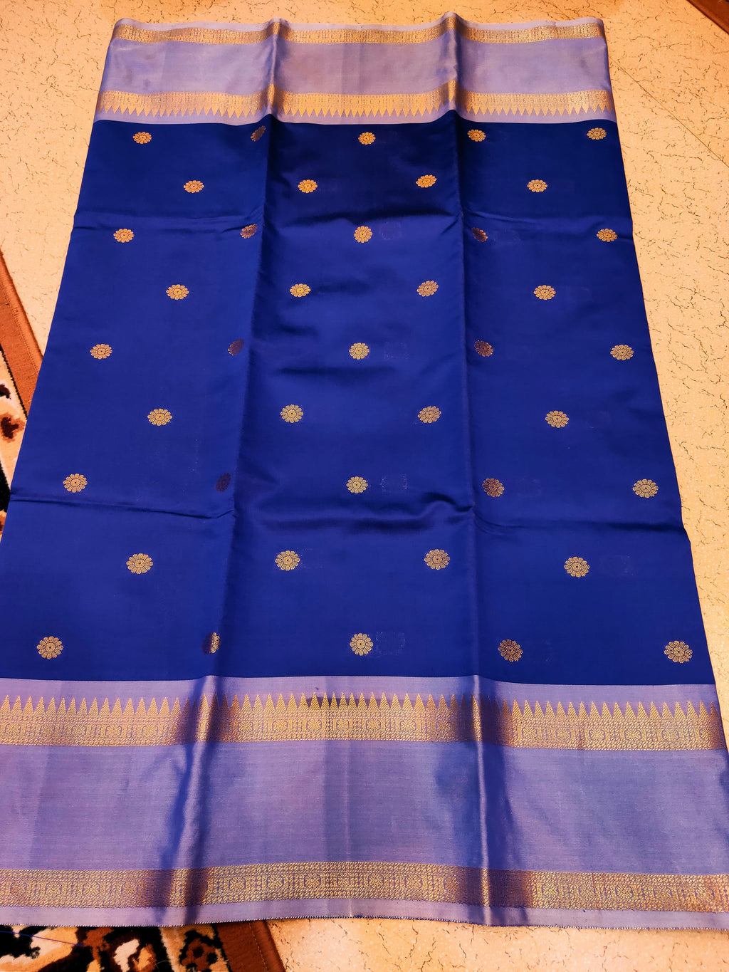 Kanchi Banaras Silk Royal Blue Floral Buti Zari Border Saree