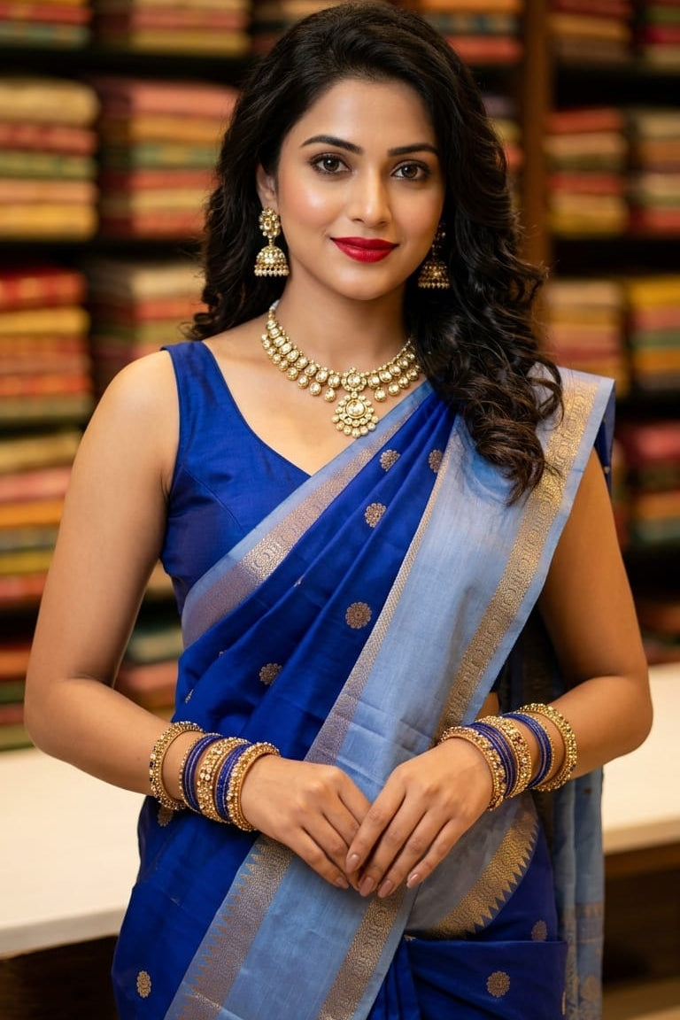 Woman in a blue saree with gold jewelry against a bookshelf background