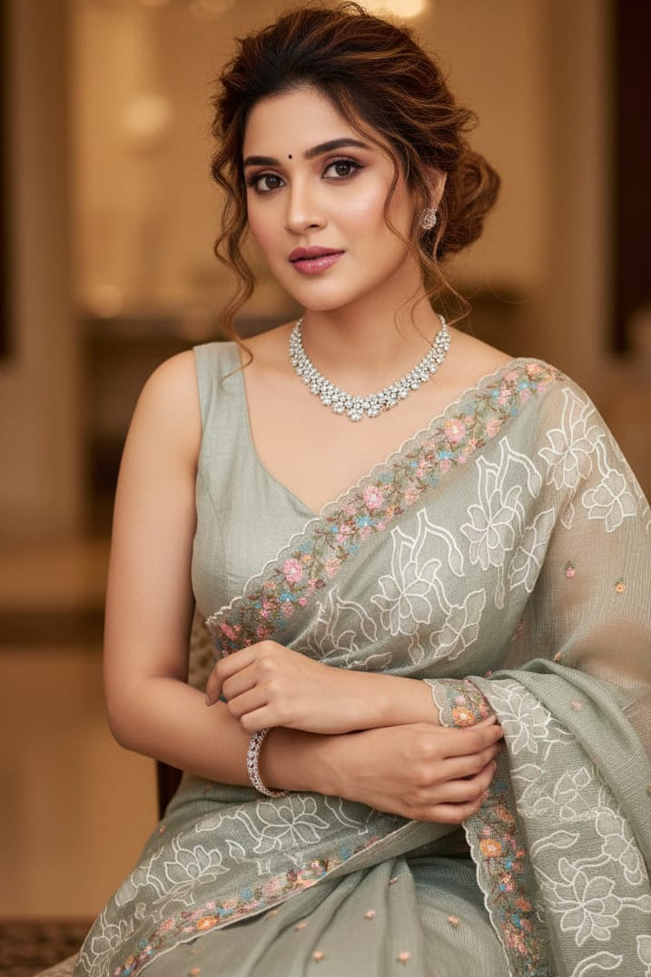 Woman in a light green saree with floral patterns indoors