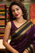 Kanchi Banaras Silk Purple Black Zari Border Saree