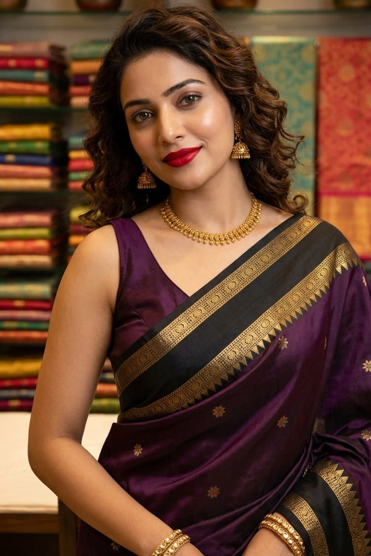 Kanchi Banaras Silk Purple Black Zari Border Saree
