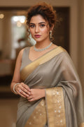 Woman in a traditional saree with a blurred indoor background