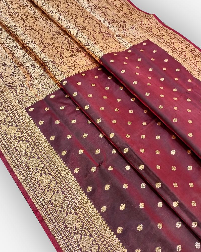 Maroon Ruby Semi-pure Katan Silk Saree from Sangam