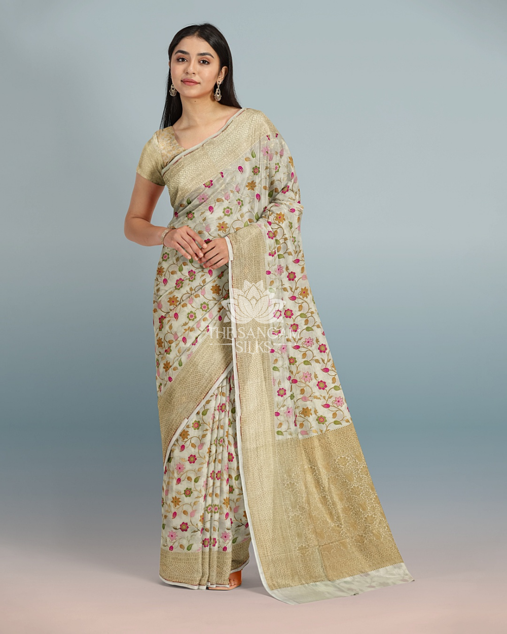 Buy Banarasi Saree Online,Zari Border Banarasi Silk Model front view