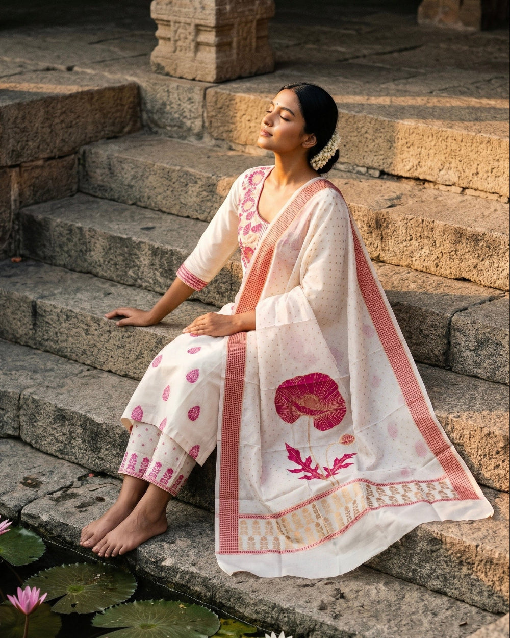 A woman sits barefoot on stone steps beside a pond with lily pads and pink lotus flowers, wearing a white traditional outfit with pink floral embroidery and a matching sheer pink-bordered drape.