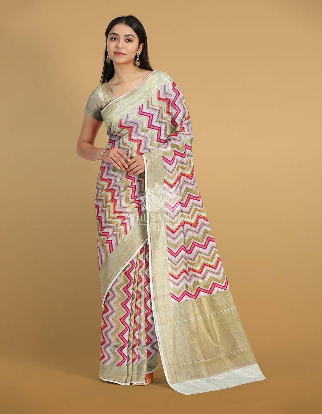 The Sangam Silks Model Wearing Banarasi Katan Silk Cream Multicolor Rangkaat Side Front Facing