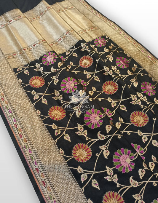 Midnight Bloom - Black Katan Silk Saree with Multicolor Meenakari